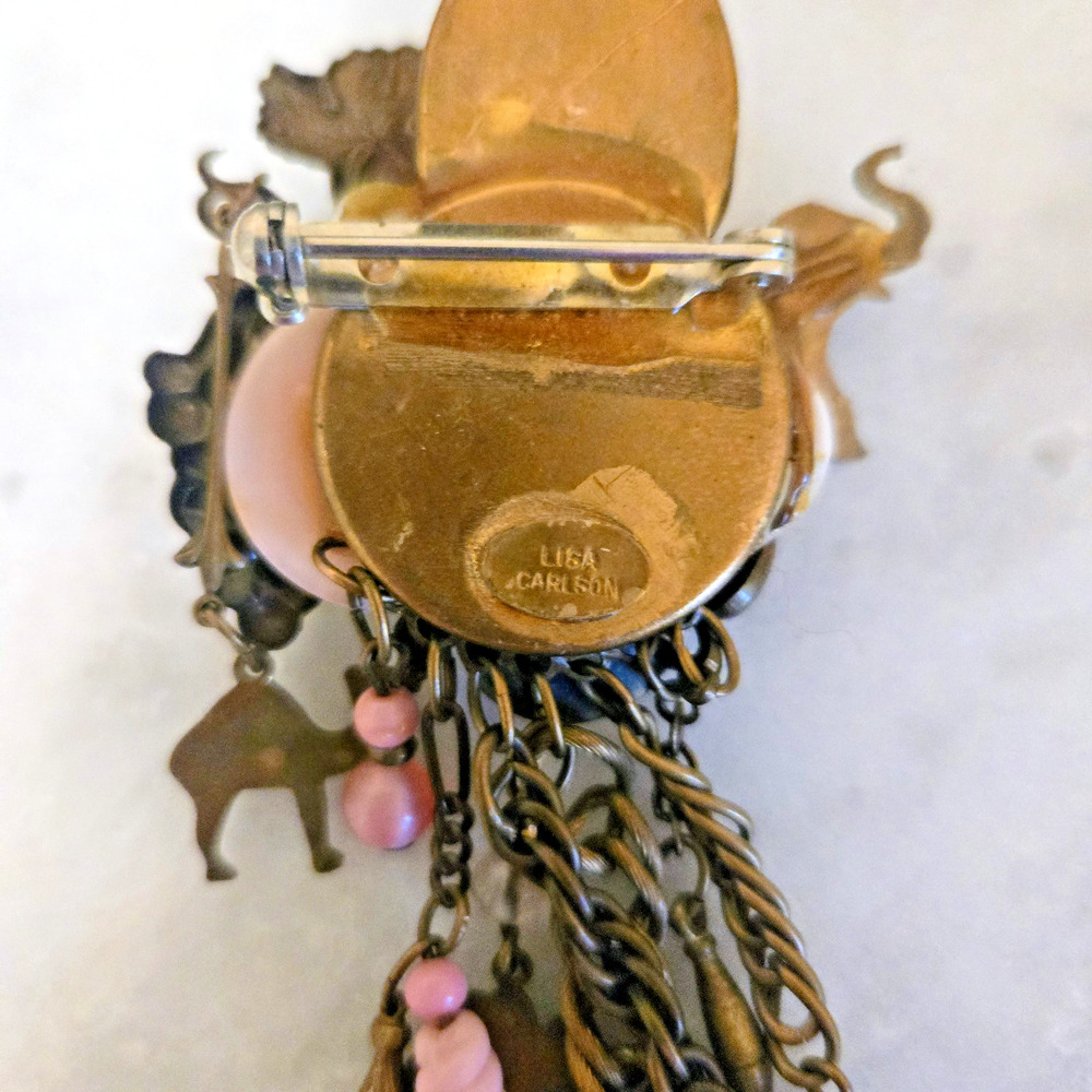 Vintage Lisa Carlson bronze dangle animal theme brooch with buttons pink beads - Picture 11 of 16